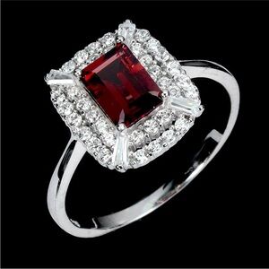 925 Sterling Silver Natural Mozambique Garnet with Zircon Halo Ring. Size 7.5